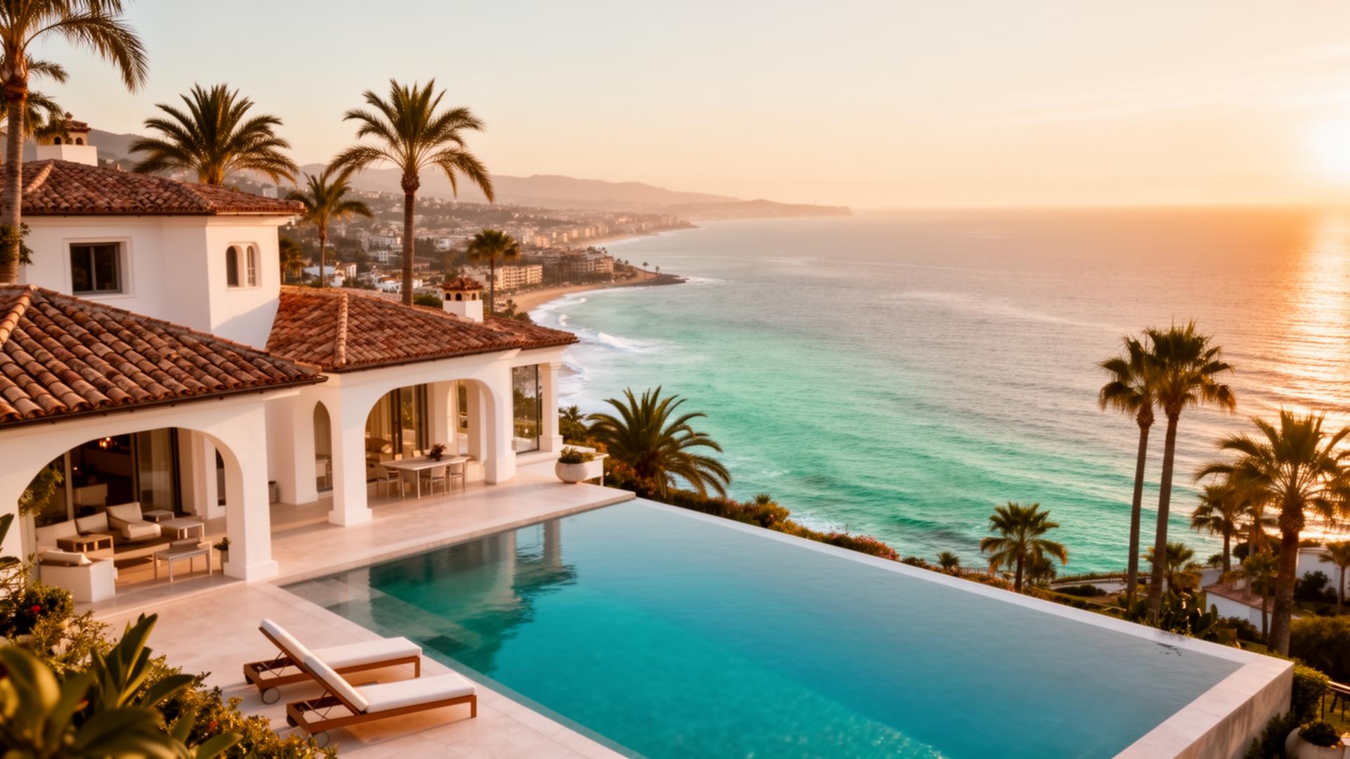 Couple at golden hour beside a Marbella infinity pool overlooking the Mediterranean